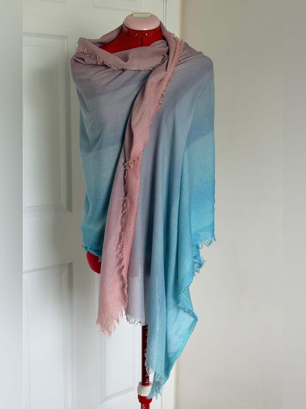 Nordstrom Cashmere Silk Blend Ombré Wrap Scarf Blue Pink Fringe Shawl 78.5” - Picture 2 of 5